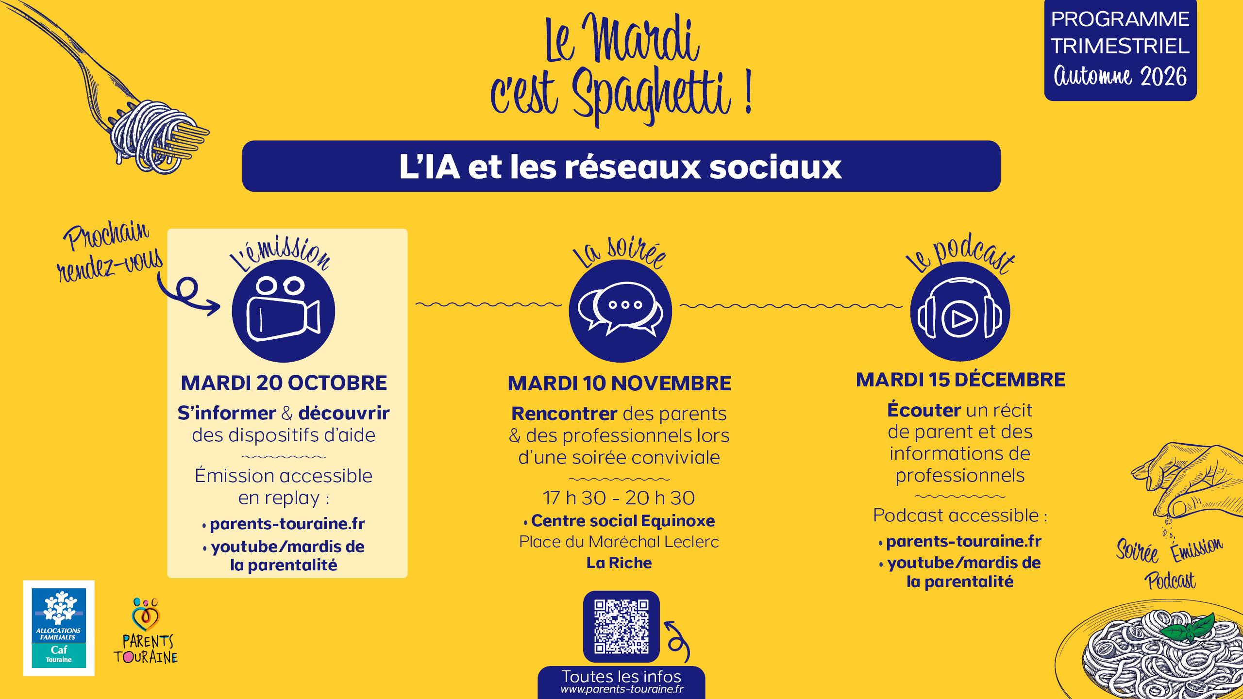 Nouvelle thématique de "Mardis spaghettis", votre rendez-vous de parents : " L’IA et les réseaux sociaux" déclinée en émission, soirée et podcast